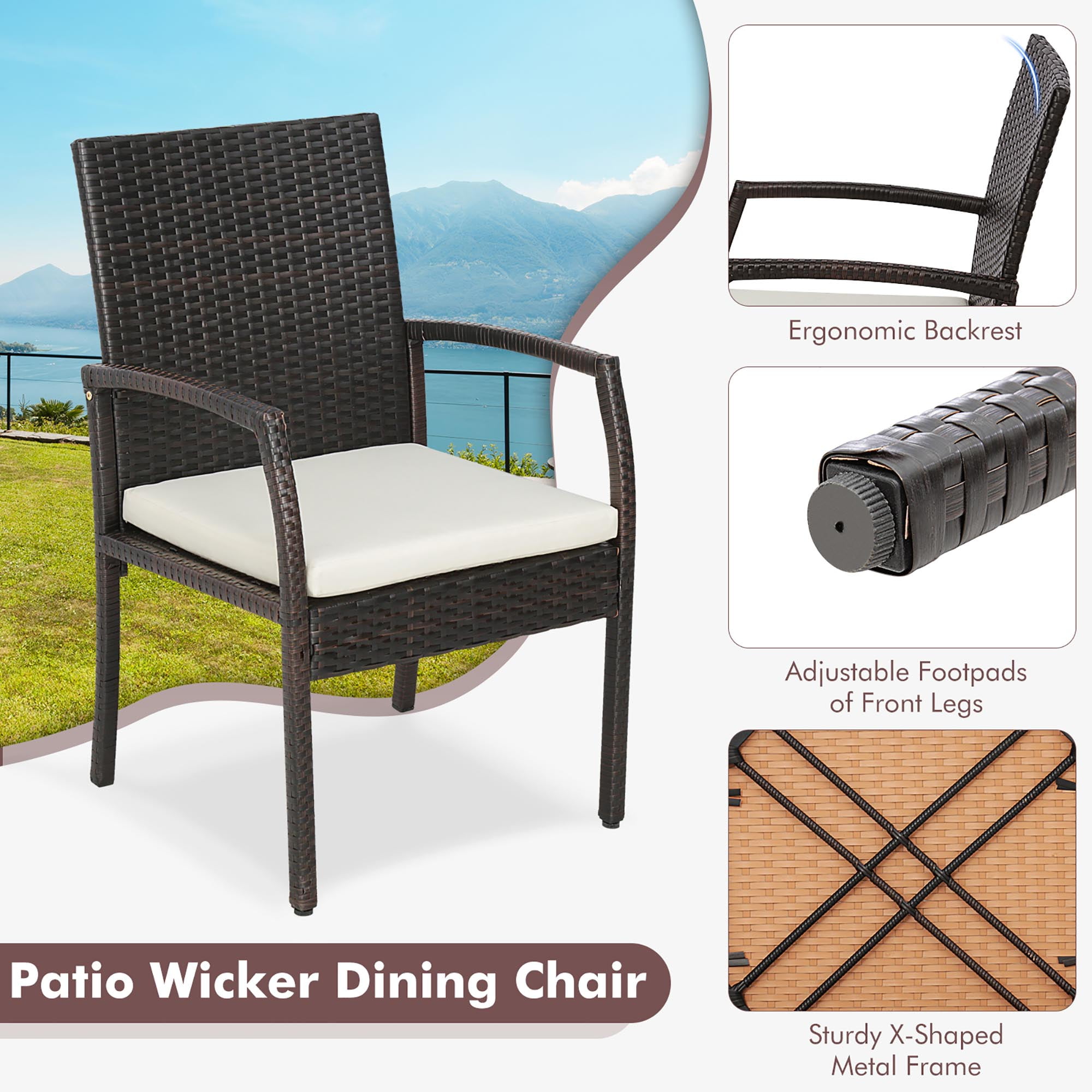 Gymax 2PCS Patio PE Rattan Wicker Dining Armchairs Outdoor Chair w/ Removable Cushion