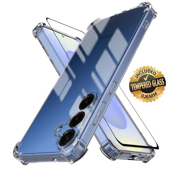 For Samsung Galaxy S25 Clear Case with Tempered Glass Screen Protector, Tekcoo Non-Yellowing Military-Grade Protection Shockproof Slim Phone Case Rugged Cover for Samsung Galaxy S25 - Clear
