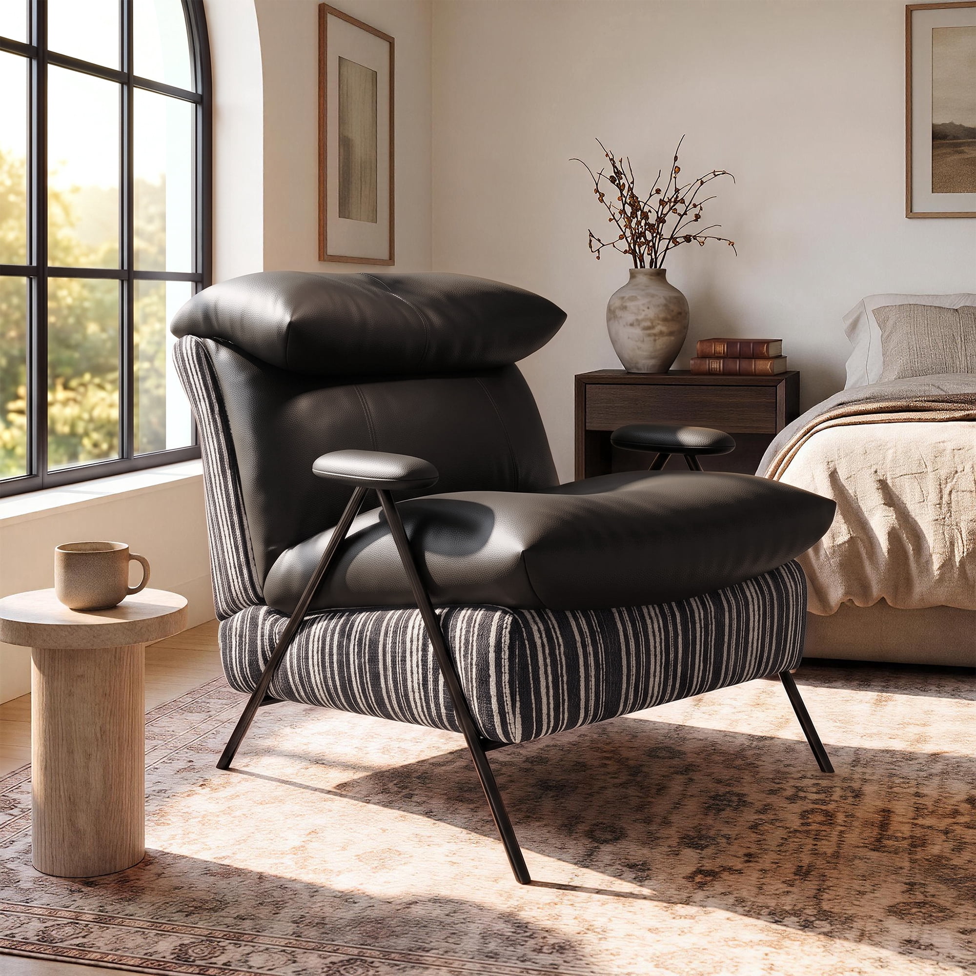 Aukfa PU Accent Chair, Modern Upholstered Armchair with Thick Padded Seat and Back for Living Room & Bedroom, Black