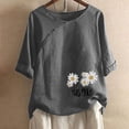 thumbnail image 2 of QQAMB T Shirt for Women Crewneck Daisy Printed Short Sleeve Cotton Linen T Shirt Loose Casual Blouse Tops Gray XL, 2 of 4