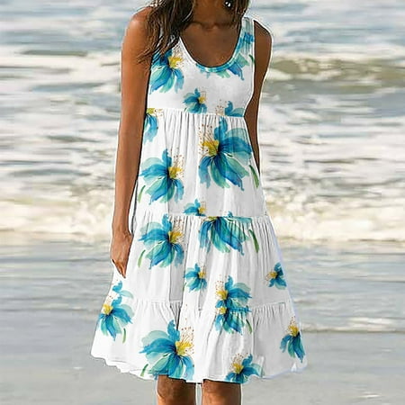 

jsaierl Women s Summer Dress 2023 Print Boho Dress Short Sleeve Hawaiian Dress Crew Neck Elegant Dress for Beach Vacation