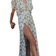 thumbnail image 5 of Seyurigaoka Women's Summer Bat Sleeve Leaf Print Dress Bohemian Style V-Neck Side Asymmetrical Split Beach Long Sundress, 5 of 7