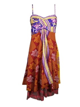 Mogul Women Spaghetti Dress Recycled Sari Printed Layered Beach Dress Sundress SM