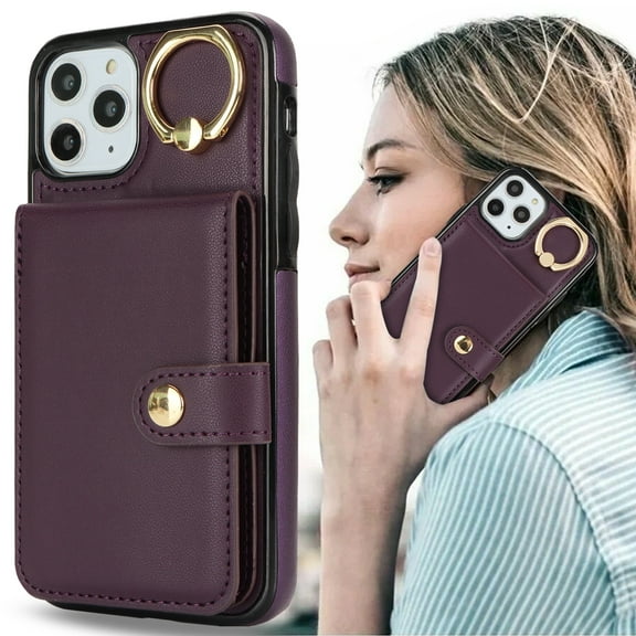 Allytechgroup iPhone 11 Pro Max Wallet Case, Ring Holder Stand Cards Slots Shockproof Retro Flip Back Cover Phone Case for Apple iPhone 11 Pro Max, Purple