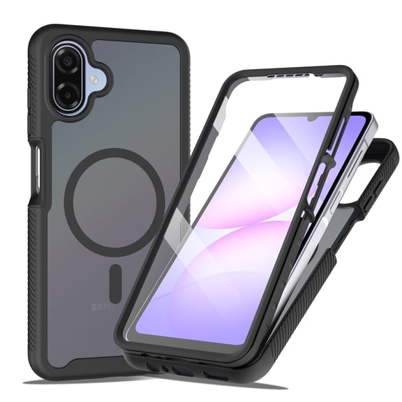 ShellTech Magnetic Case for Samsung Galaxy A07 / A06 ,Shockproof TPU PC Case Built-in Screen Protector Compatible with Mag Safe Full Body Protection Matte Translucent Back Cover,Black