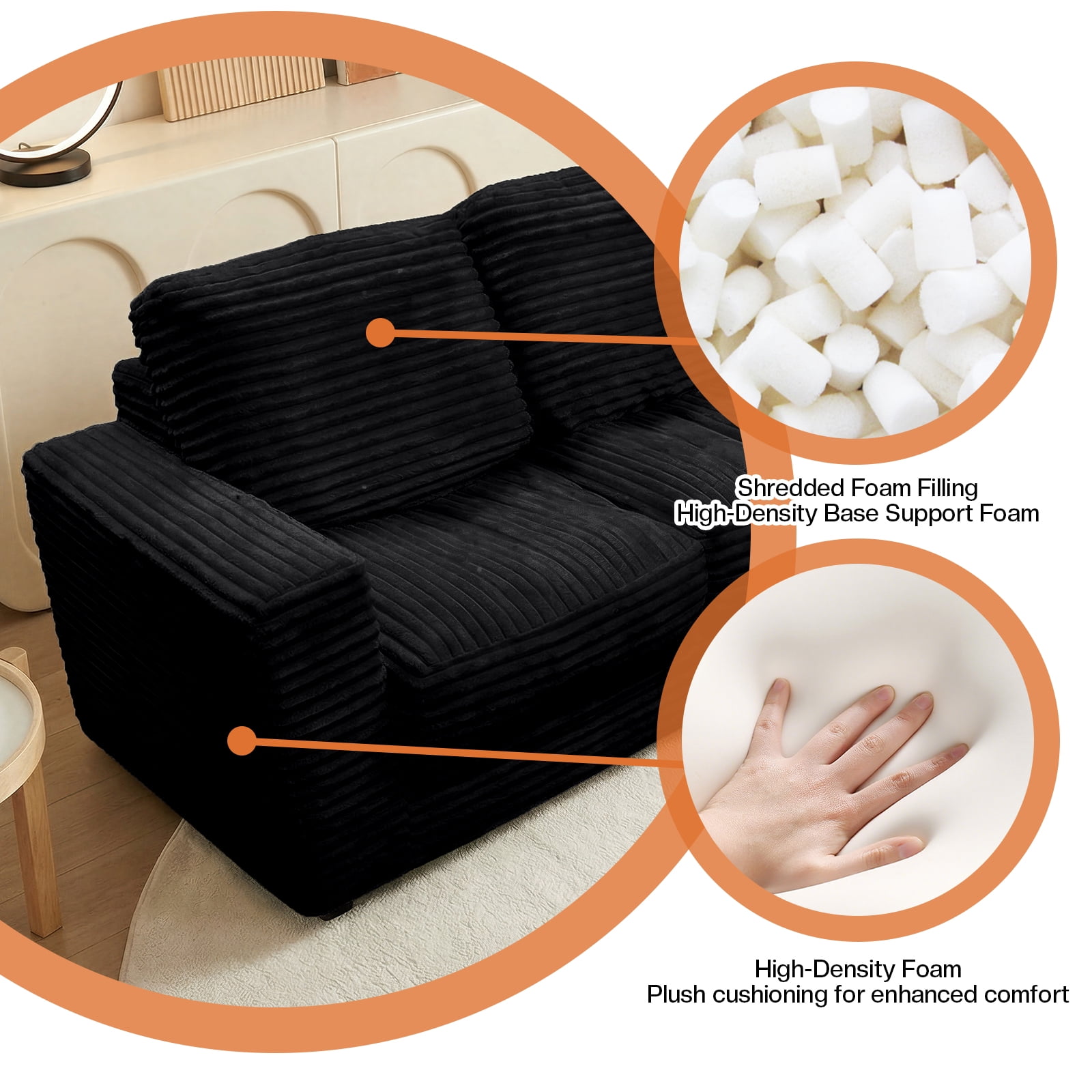 Kelyda 61''Boneless Loveseat Sofa, Modern Cloud Convertible Sofa Bed Couch Sleeper Chairs for Living Room Black