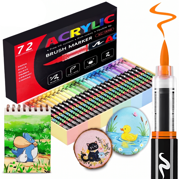 COORIART 72 Colors Acrylic Paint Markers, Soft Brush Tip Pens, Automatic Ink Control No Bleed Markers Set for Wood, Stone, Canvas, Glass, Fabric, Egg, Rock Painting and DIY