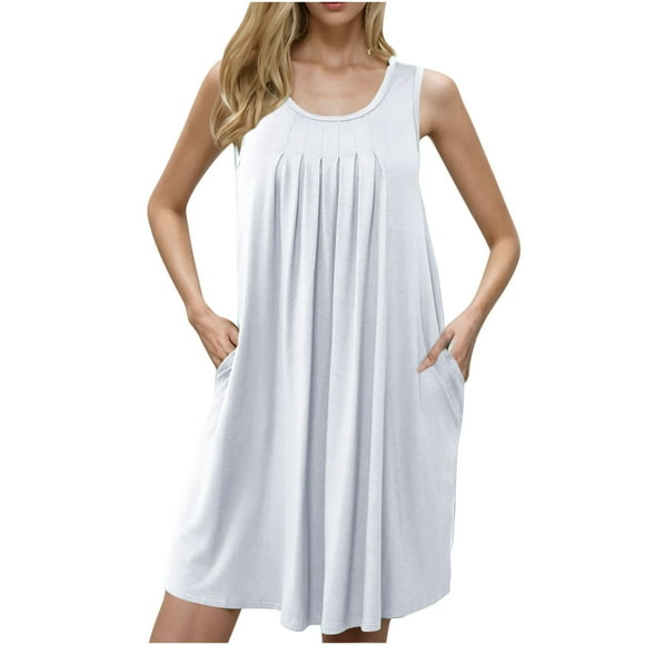 yoeyez Robes d'Été Grande Taille pour Femmes Col Rond Plissées Robes Débardeur Pliantes avec Poches Sans Manches Couleur Unie Robe de Nuit Douce en Coton Chemise de Nuit Blanche,TG