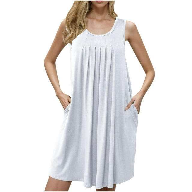 yoeyez Robes d'Été Grande Taille pour Femmes Col Rond Plissées Robes Débardeur Pliantes avec Poches Sans Manches Couleur Unie Robe de Nuit Douce en Coton Chemise de Nuit Blanche,TTG