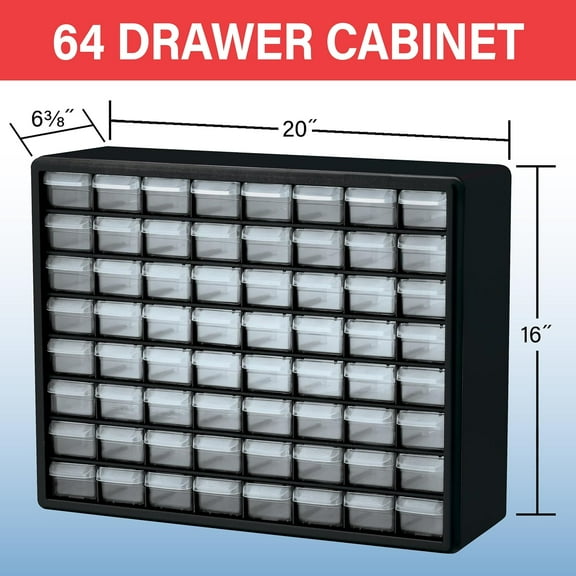 64-Drawer Plastic Drawer Storage Cabinet for Garage Organization, Bead Organizer, Building Bricks Storage, Teacher Toolbox, Makeup Organizer, 20" W x 6" D x 16" H, 10164 White