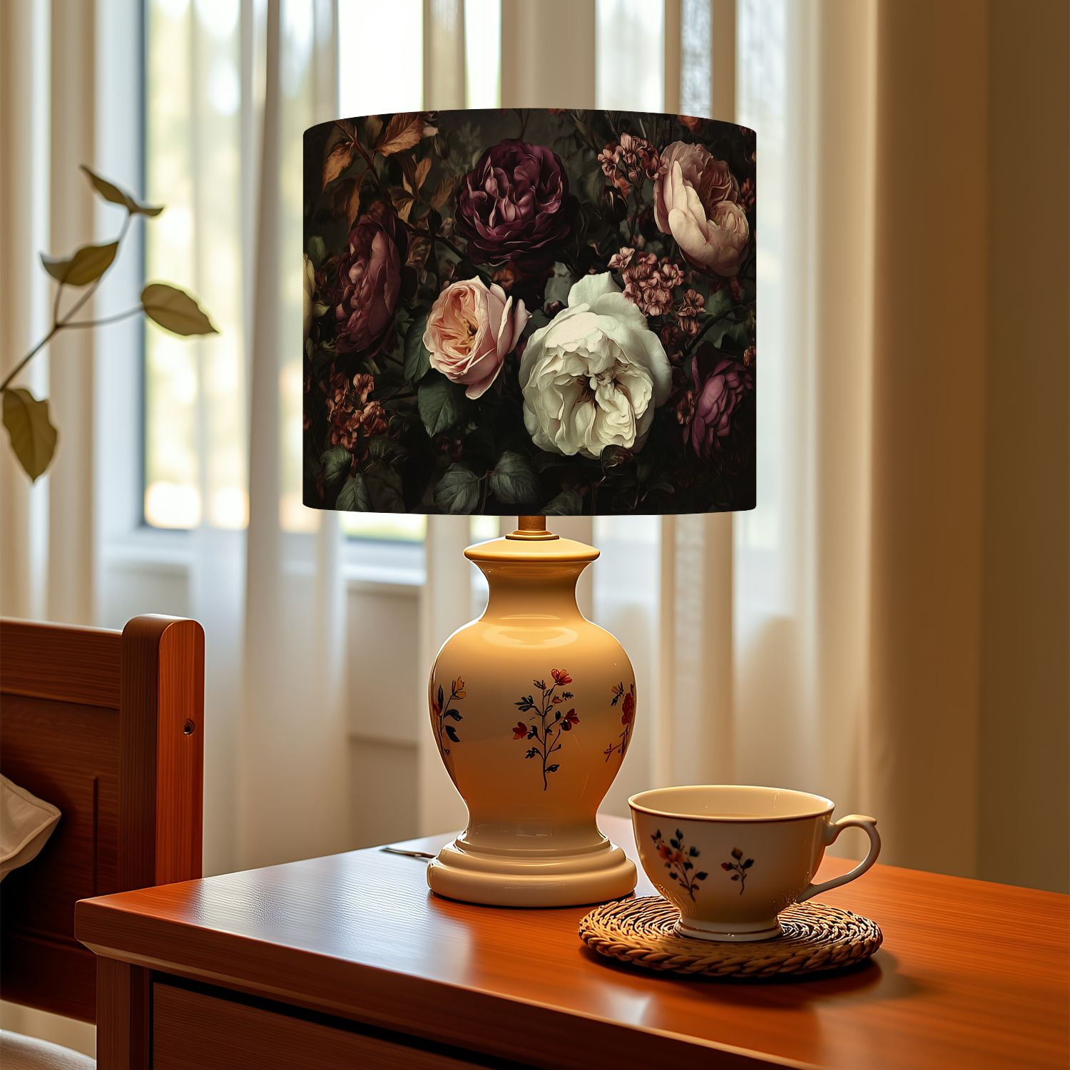 Linen Drum Lampshades Elegant Floral Arrangement Deep Burgundy Soft Pink White Roses Dark 13"x13"x10" Light Shade for Table Lamps Floor Lamp Shades Lampshade Replacement Assembly Required