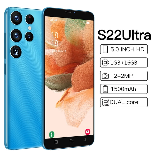 S22Ultra 5.0 Inch Screen Smart Phone with dual SIM functionality, featuring 1GB RAM, 16GB storage, a dual-core processor, and a 1500mAh battery. Includes 2MP front and rear cameras, multimedia support, and a vibrant HD display. Shown in blue with multiple rear camera lenses and a sleek design. Compatible with Android 8.1.