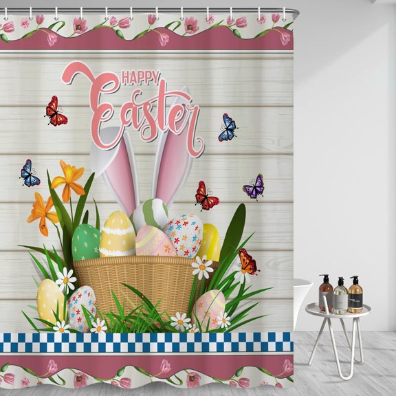 pipaio 72x72 Inches Happy Easter Shower Curtain Funny Rabbit Ears Colorful Eggs Butterfly Spring Flower Rustic Wooden Board Shower Curtains for Bathroom Decor Waterproof Polyester with Hooks