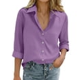 thumbnail image 2 of Womens Linen Button Down Shirts Loose Fit Long Sleeve Collared Blouse Casual V Neck Tops Outfits Purple XL, 2 of 5
