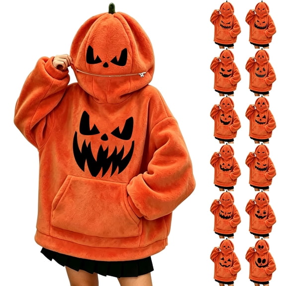 Red Unisex Cosplay Pajamas Polyester Funny Pumpkin Hooded Casual Pajama Set, Oversized Onesie Jumpsuit S