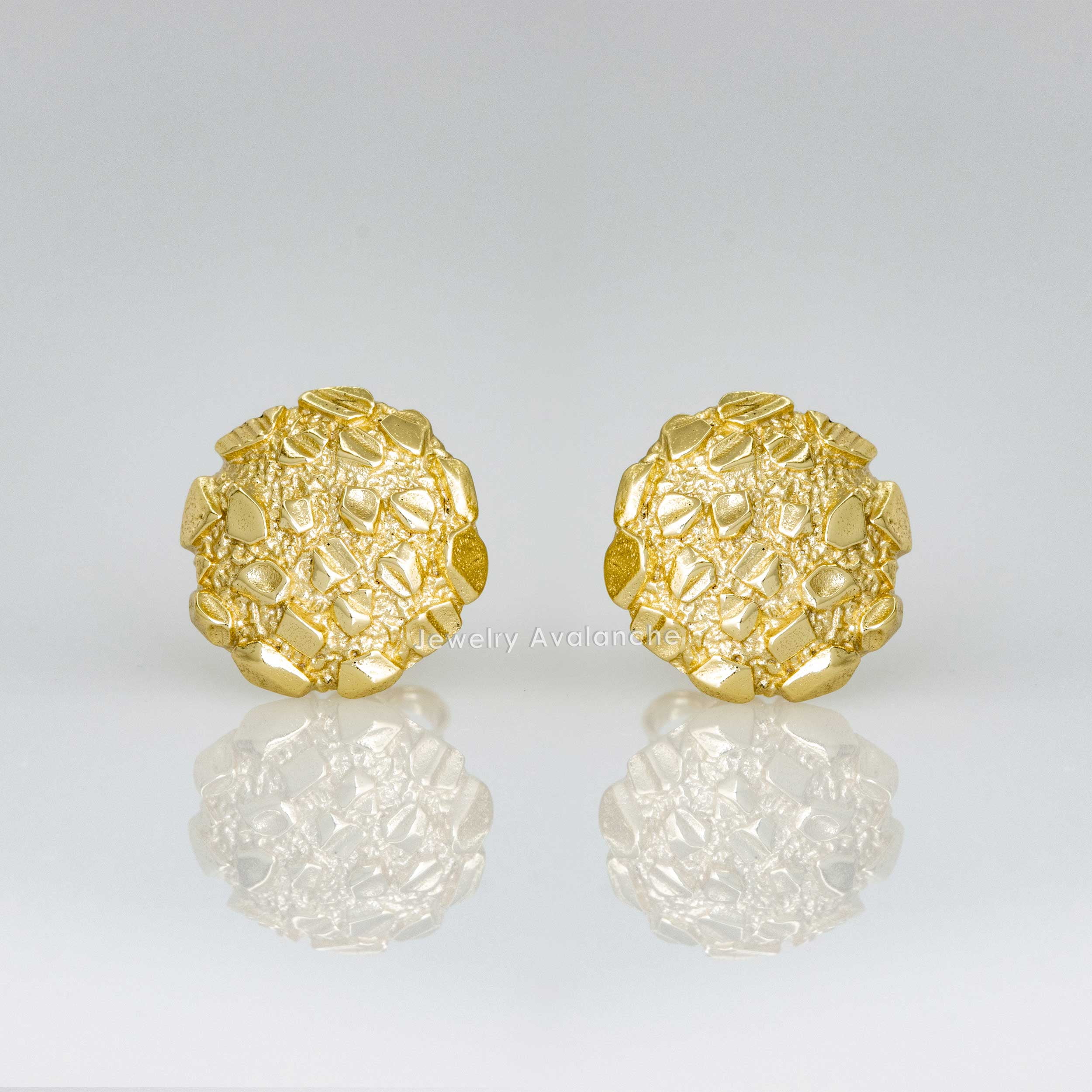 Nugget Stud Earrings - Yellow Gold Plated Sterling Silver Textured Chunky Studs - Hypoallergenic Minimalist Earrings for Men-Women 12mm