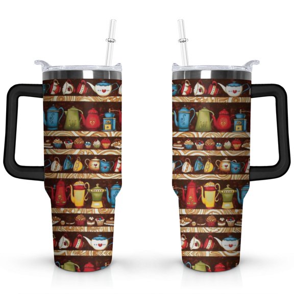 40oz Coffee Escapes Coffee Shelf Stripe Stainless Steel Flip Straw Tumbler Spill Proof Travel Cup Double Wall Vacuum Insulated Coffee Mug with Handle