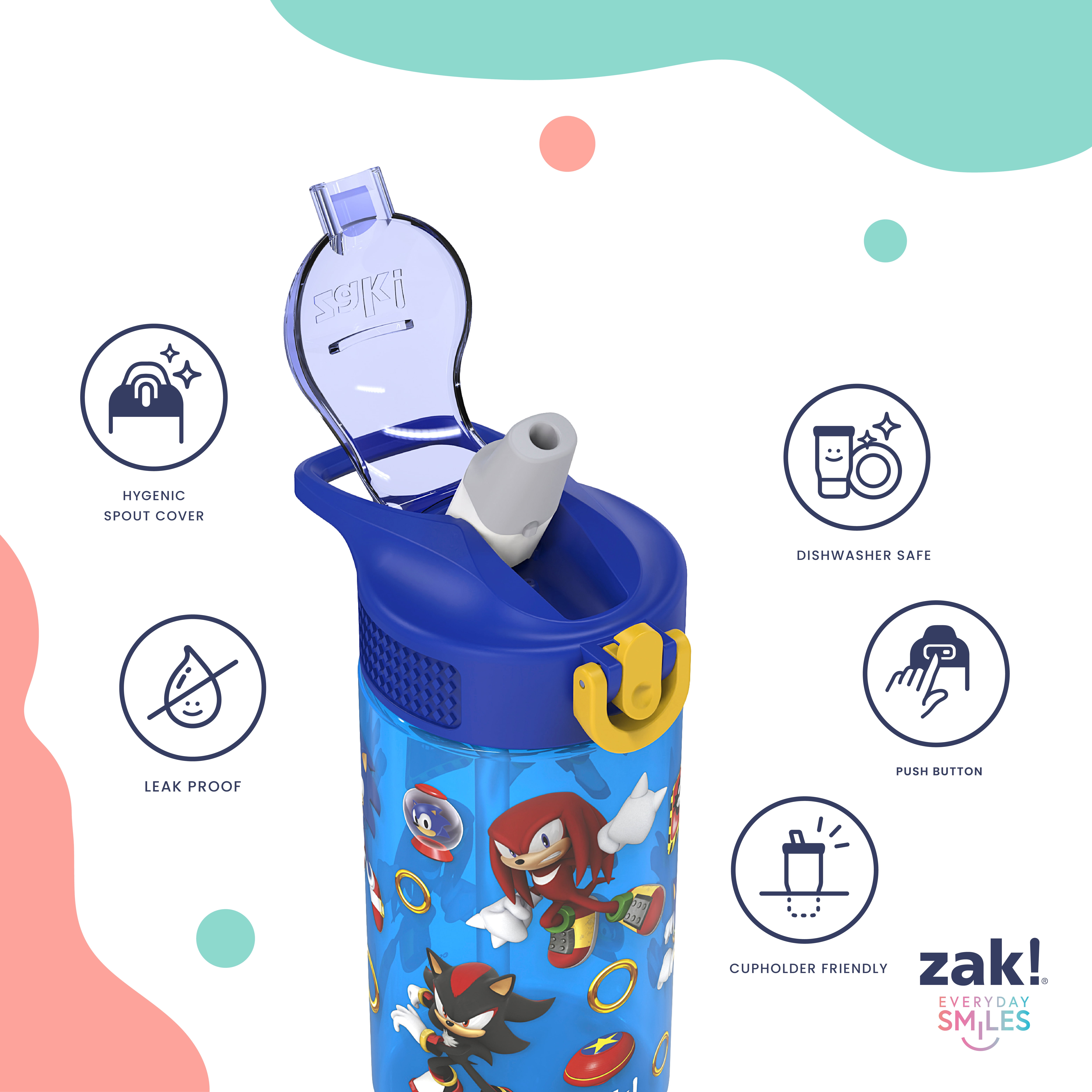 (6 pack) Zak Designs 16oz Sonic Kids Straw Water Bottle, Durable Plastic Park Bottle with Easy-Open Locking Spout Cover for Travel, Built in Carry Handle
