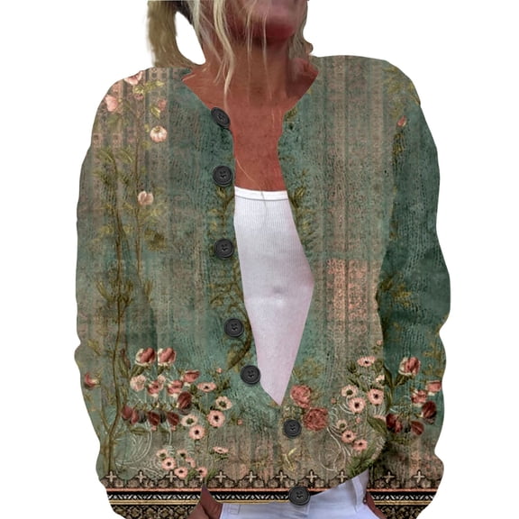 Kaondbfi Women's Cardigan, Single Plush Art Print Comfortable Knitted Cardigan Winter Coat for Women