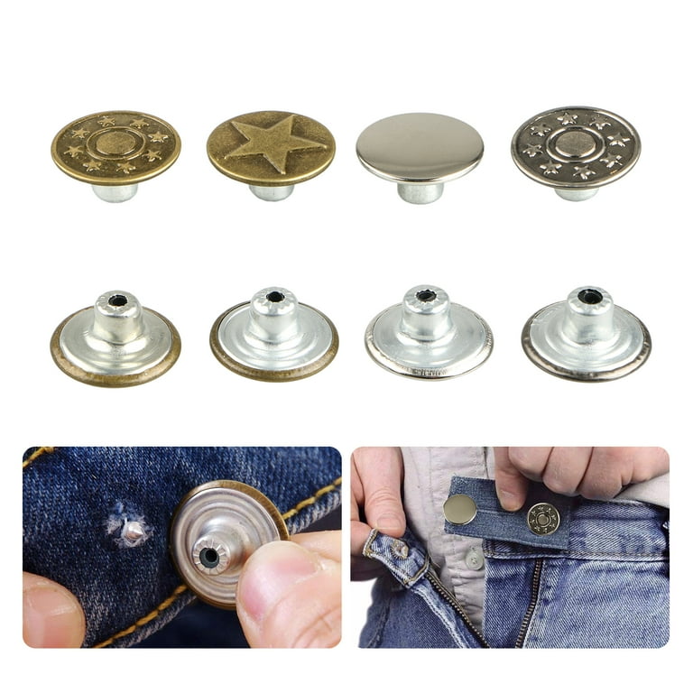 40 Sets Button Pins for Jeans, Jeans Metal Tack Buttons Replacement, 4 Styles Adjustable Jean Button Pins Metal Clips Snap Tack, 20mm and 17mm Snap