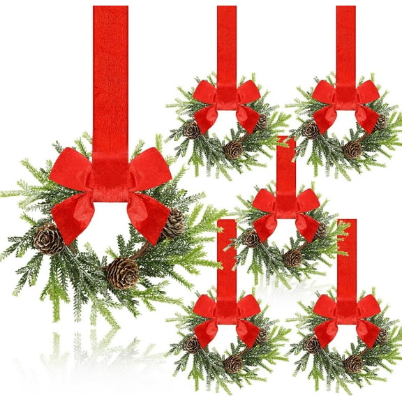 Guvpev 6 Pcs 6 Inch Christmas Mini Cabinet Wreaths for Kitchen with Ribbon Bows Norfolk Pine Small Window Wreaths Garland for Door Window Farmhouse Christmas Party Decorations
