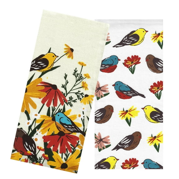 Birds Wildflowers Kitchen Towels 2-Pack Dual Sided Multi-Color Dishtowels Celebrate