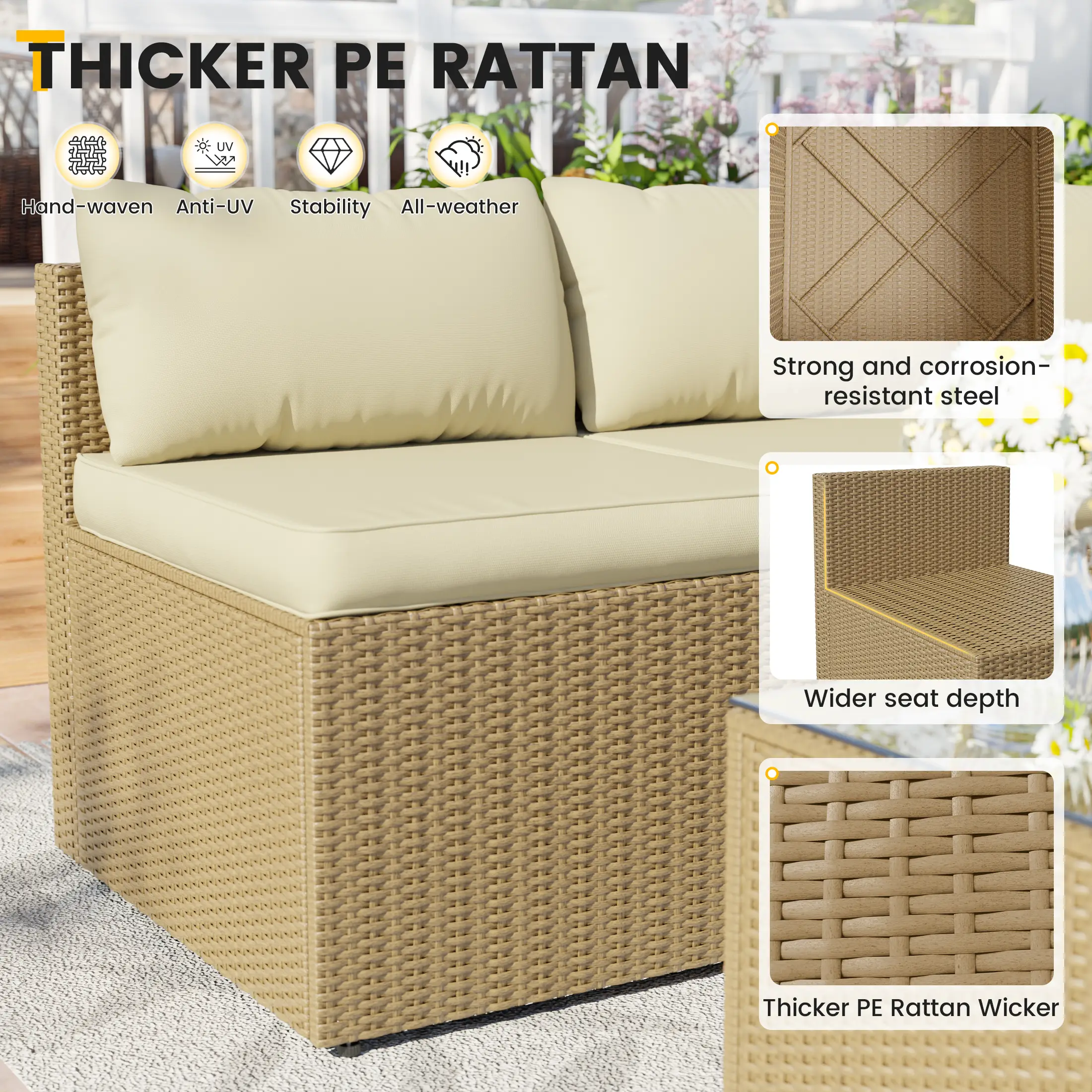 UDPATIO 5-Piece Patio Furniture Set,Outdoor Patio Furniture Set All-Weather Rattan Wicker Patio Conversation Set with Ottoman, Cushions & Glass Table for Garden & Backyard, Cream White