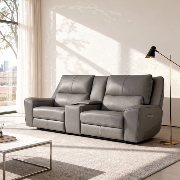 Top Grain Leather Triple-Power Recliner Loveseat Sofa with Power Headrest, Pop-Out Cup Holders