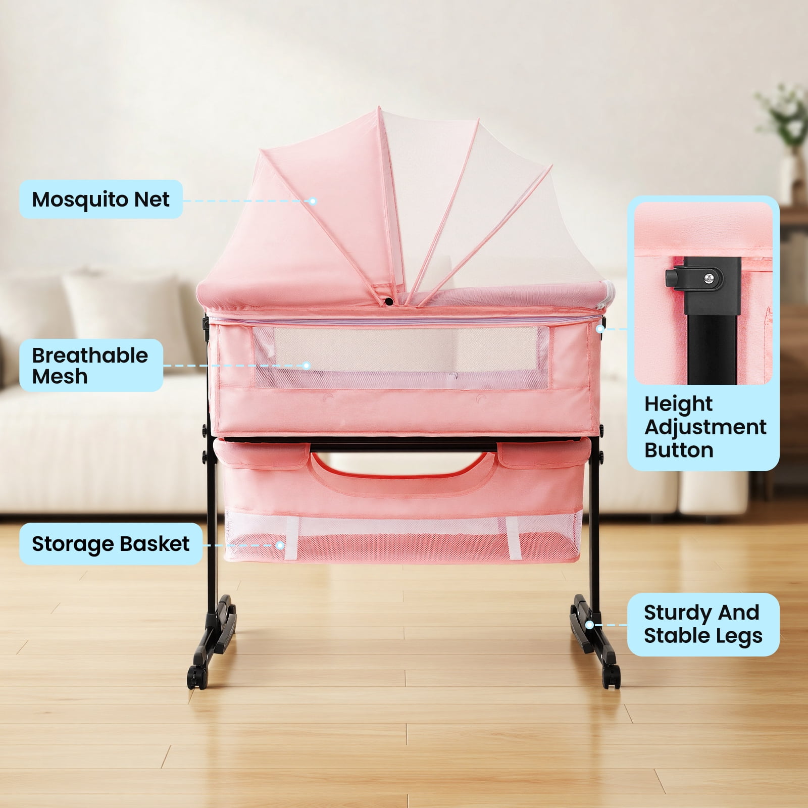 kmaier Baby Bassinet Bedside Crib Foldable Portable with Adjustable Height, Wheels, and Storage Basket,Pink