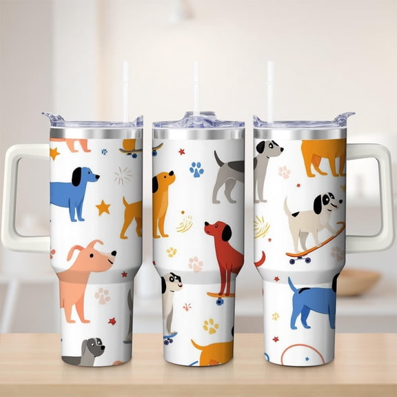 Cute Dog Skateboard Stainless Steel Insulated Mug with Lid and Handle, 30oz