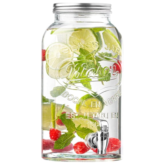 Mason Jar Drink Dispenser with Spigot (1 Gallon) Tea, Juice, and Beverage Server, Thick Glass, Screw On Lid, Leak Resistant Easy-Pull Spigots and Screw-On Lids Clear, Heavy-Duty Glass