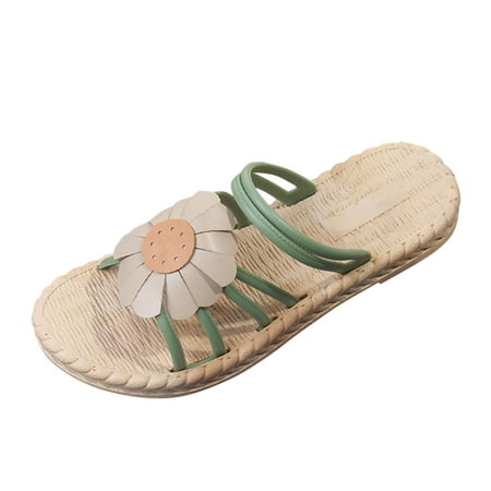 

ZIZOCWA Cute Leather Women S Slippers Sandals Summer Boho Style Sunflower Thin Strap Beach Slippers Non-Slip Straw Weave Bottom Slides Green Size6.5