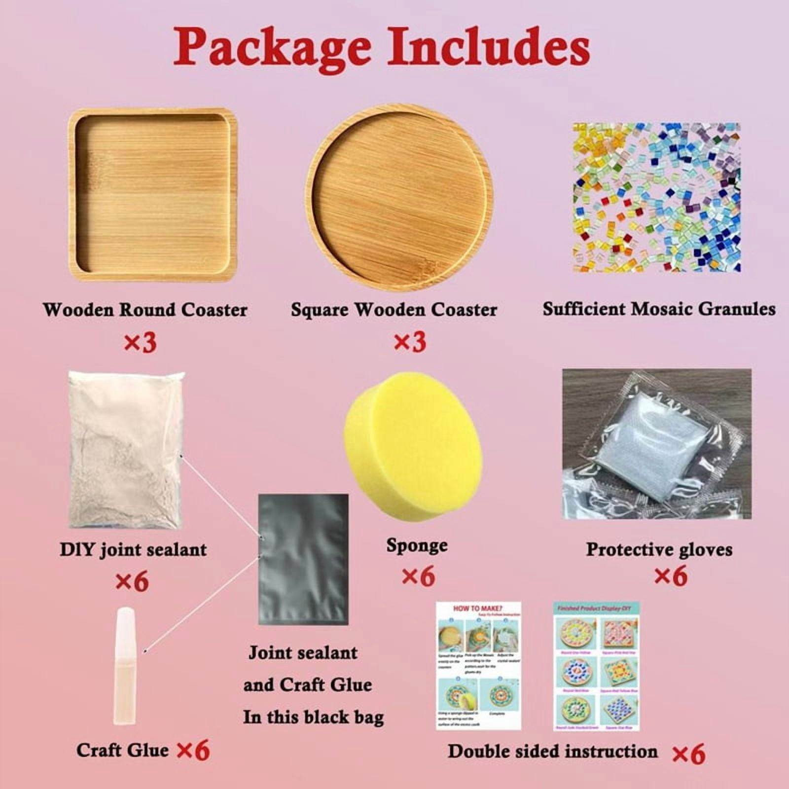 Mosaic Tiles for Crafts,Mixed Color Glass Mosaic Kits with Wooden Coaster for Adults,for Handmade Home Decoration,1 set * mosaic craft kits for adults,Random Color