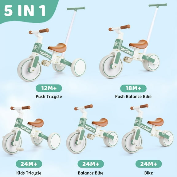 Adjustable Green Balance Bike for 1-3 Years - Carbon Steel Tricycle with Parental Handle, Detachable Pedals & Comfort Cushion for Indoor/Outdoor Play, Christmas/Birthday Gift