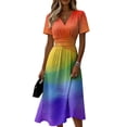 thumbnail image 2 of Minjewel Women's V-Neck Short Sleeve Bohemian Shift Dress - Summer Casual Beach Outfit, Loose Flowy Party Dress, Solid Color Comfy Vacation Mini Dress,Saffron,3XL, 2 of 6