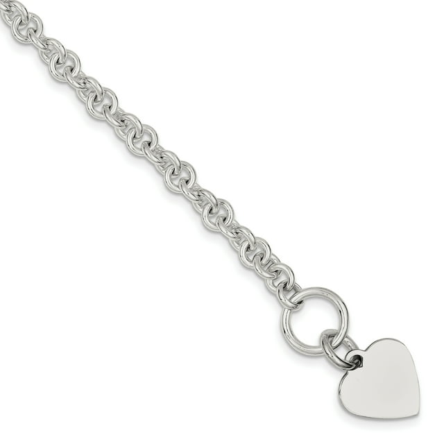 925 Sterling Silver Engraveable Heart Disc On Link Toggle 7.75 Inch Chain Charm Bracelet Love