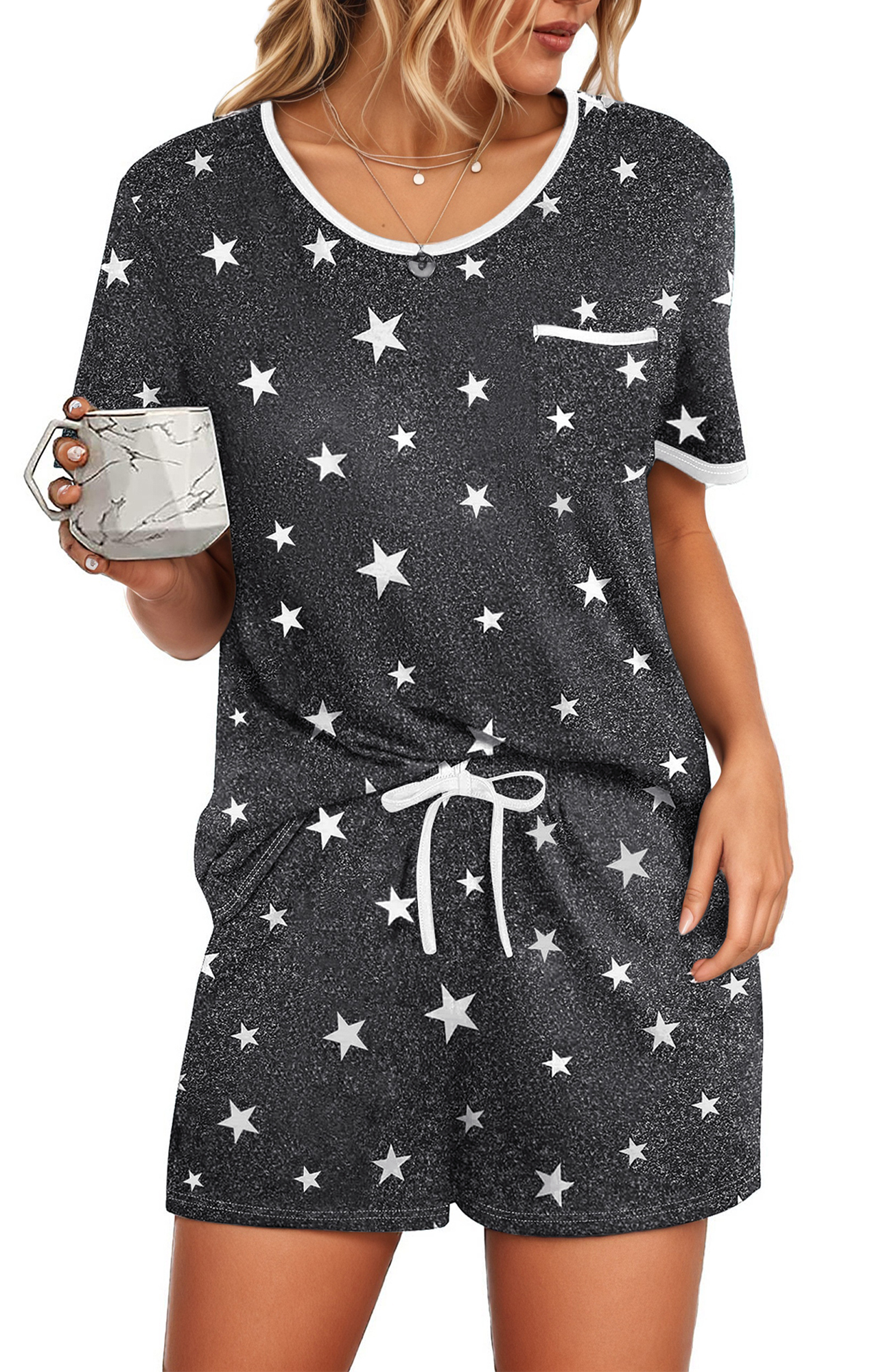 UVN Pajamas Sets for Women 2 Piece Lounge Set Short Sleeve Tops and Shorts Soft Pj Set Sleepwear Loungewear