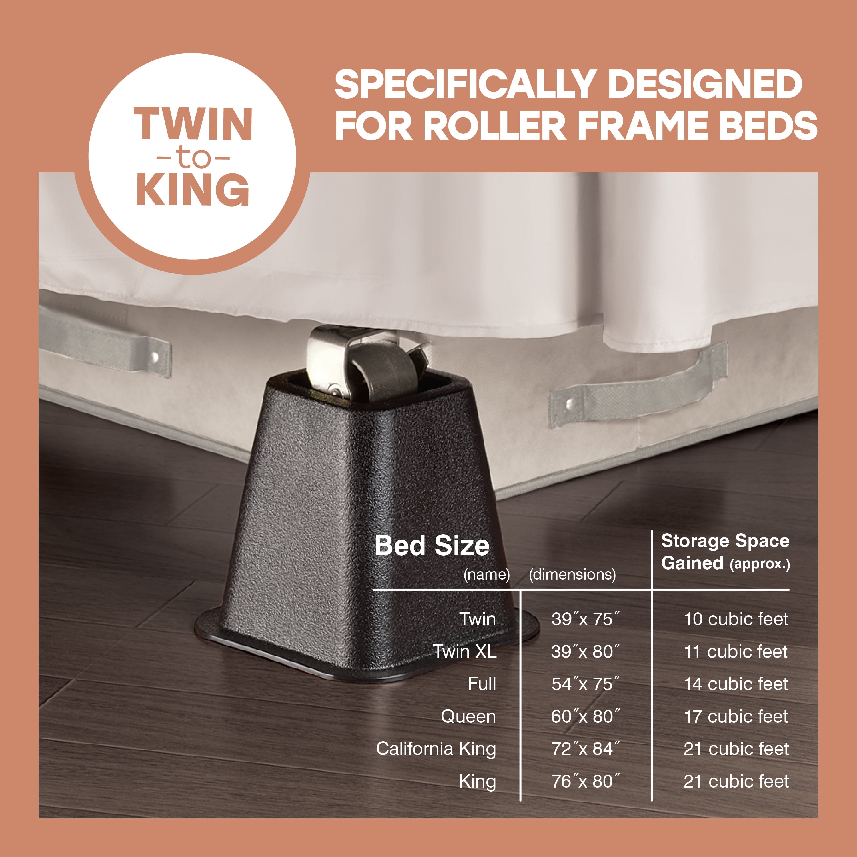 Simplify 6 inch Plastic Bed Risers with Wheel Caster Stabilizer, Black, 2.29 lb