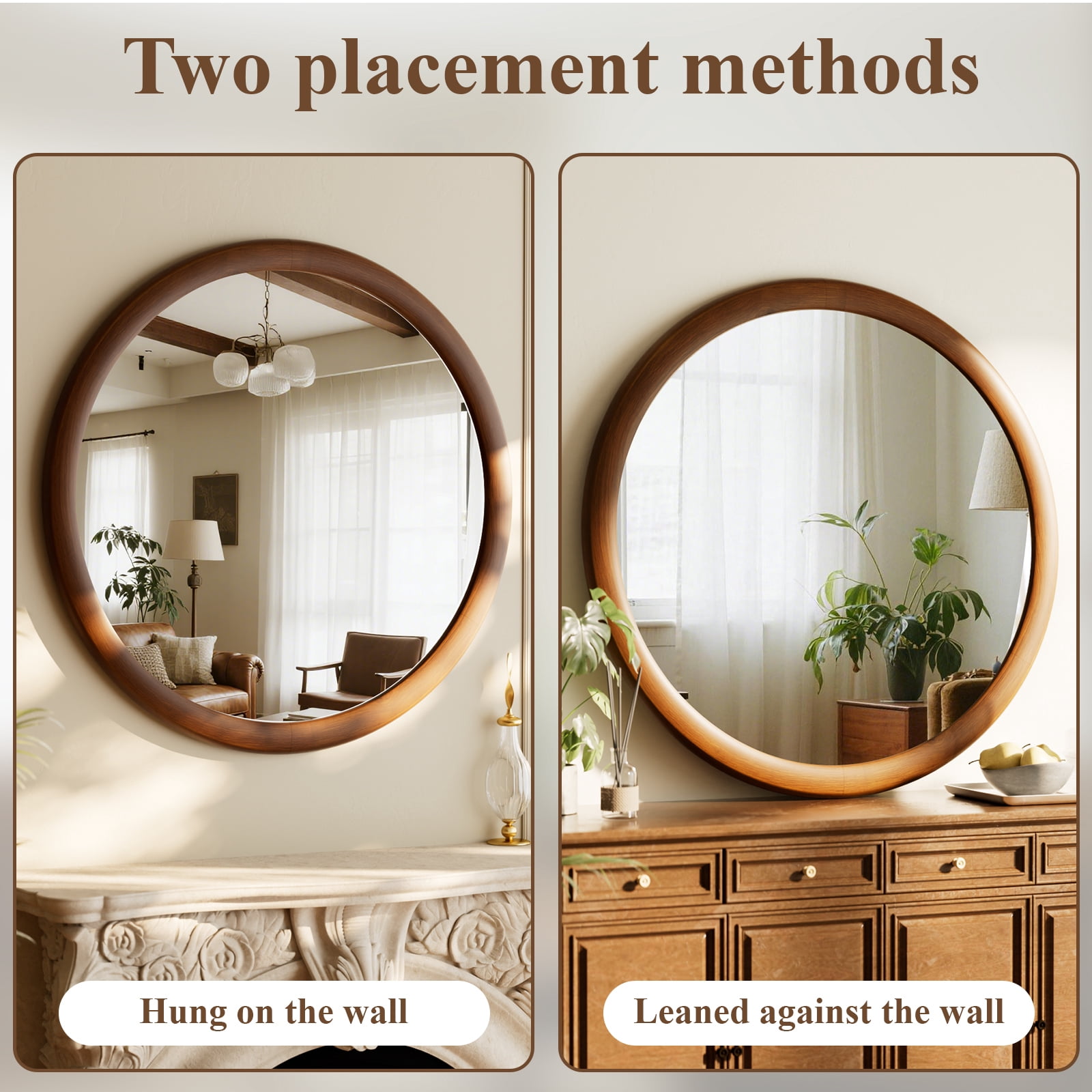 Easy4Home 24" x 24" Round Bathroom Mirror Wall Decor with Wooden Frame, Walnut