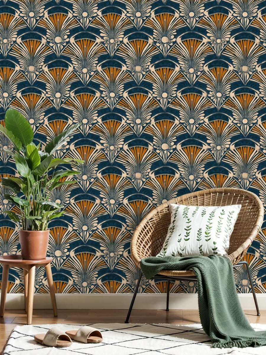 Vintage Peel and Stick Wallpaper Art Deco Fan Navy Blue Gold Geometric Floral Wall Mural 23.6in x 9.8ft Self Adhesive Removable Wall Paper Renter Friendly Wallpaper for Nursery Bedroom Cabinets