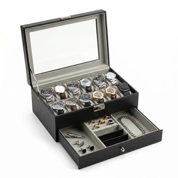 Watch Box Watch Cases Jewelry Organizer for Men 12 Slot Lockable PU Leather Lid Jewelry Display Drawer Case Black