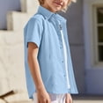 thumbnail image 5 of HAOTAGS Boys Button-Up Shirts, Solid Cotton-Linen Lace Trim Short-Sleeve Turn-Down Collar Casual Tops Blue Size 10, 5 of 9