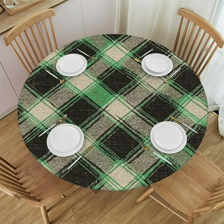 

Heduofu Plaid Green Round Tablecloth with Elastic Edge Geometric Vintage Waterproof Table Cover Indoor Outdoor Table Cloth for Kitchen Dinner Outdoor Picnic 46 -50