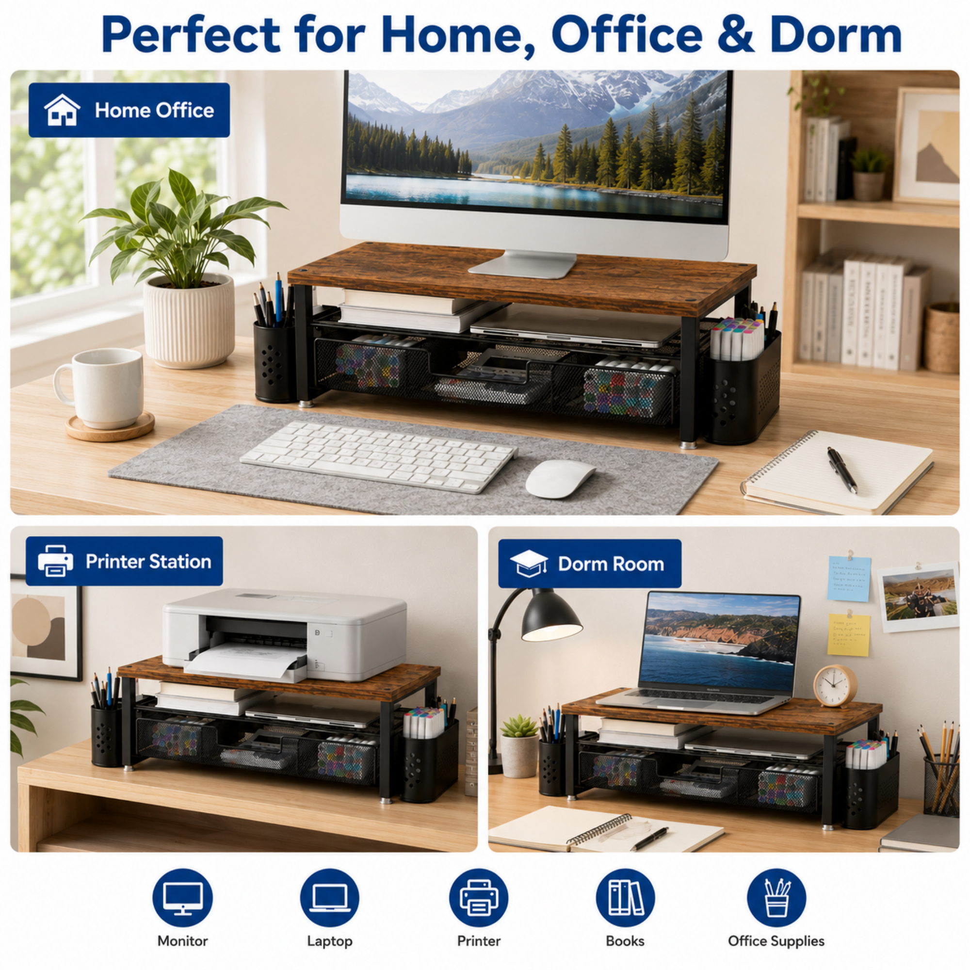 Mehoom 3-Tier Monitor Stand with Drawer & Pen Holders, Brown photo 7