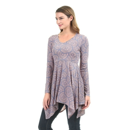 Panel V-neck Top - WT1453 Womens Print V neck Long Sleeve Side Panel Tunic Top