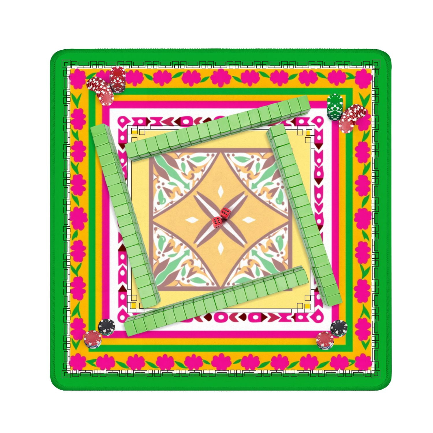 Mahjong Mat 31.5" x 31.5" Vibrant Geometric Floral Pink Green Yellow Symmetrical Design Non-Slip Noise Reduction American Mahjong Tiles Table Cover for Dominoes Poker Card Board Games Gift