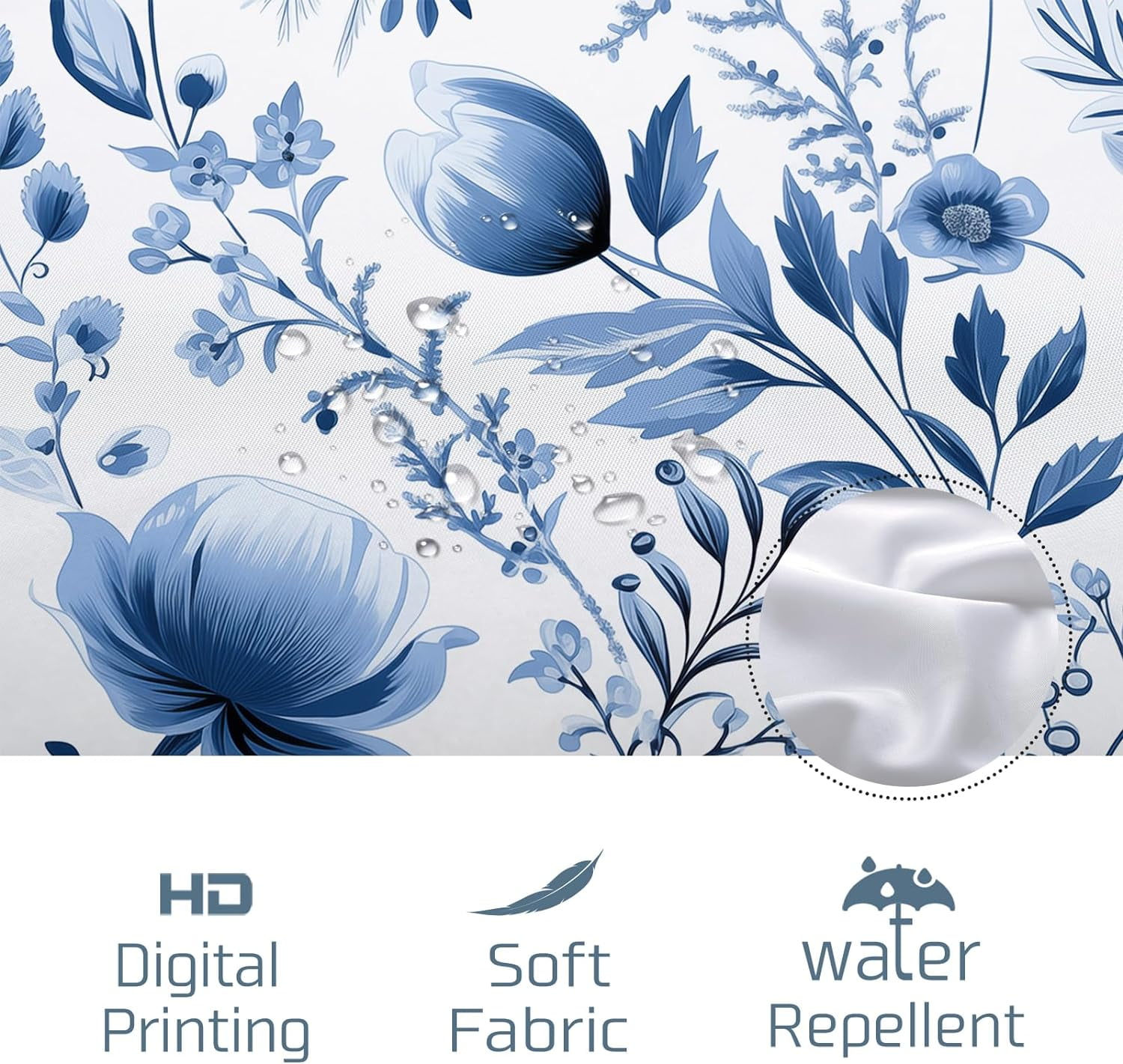 Blue Floral Shower Curtain Spring Watercolor Plant Shower Curtain Flower Bathroom Decor Polyester Fabric-72" x 72"