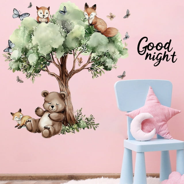 Adhesivos de pared de PVC con dibujos animados de osos, zorros, árboles y mariposas