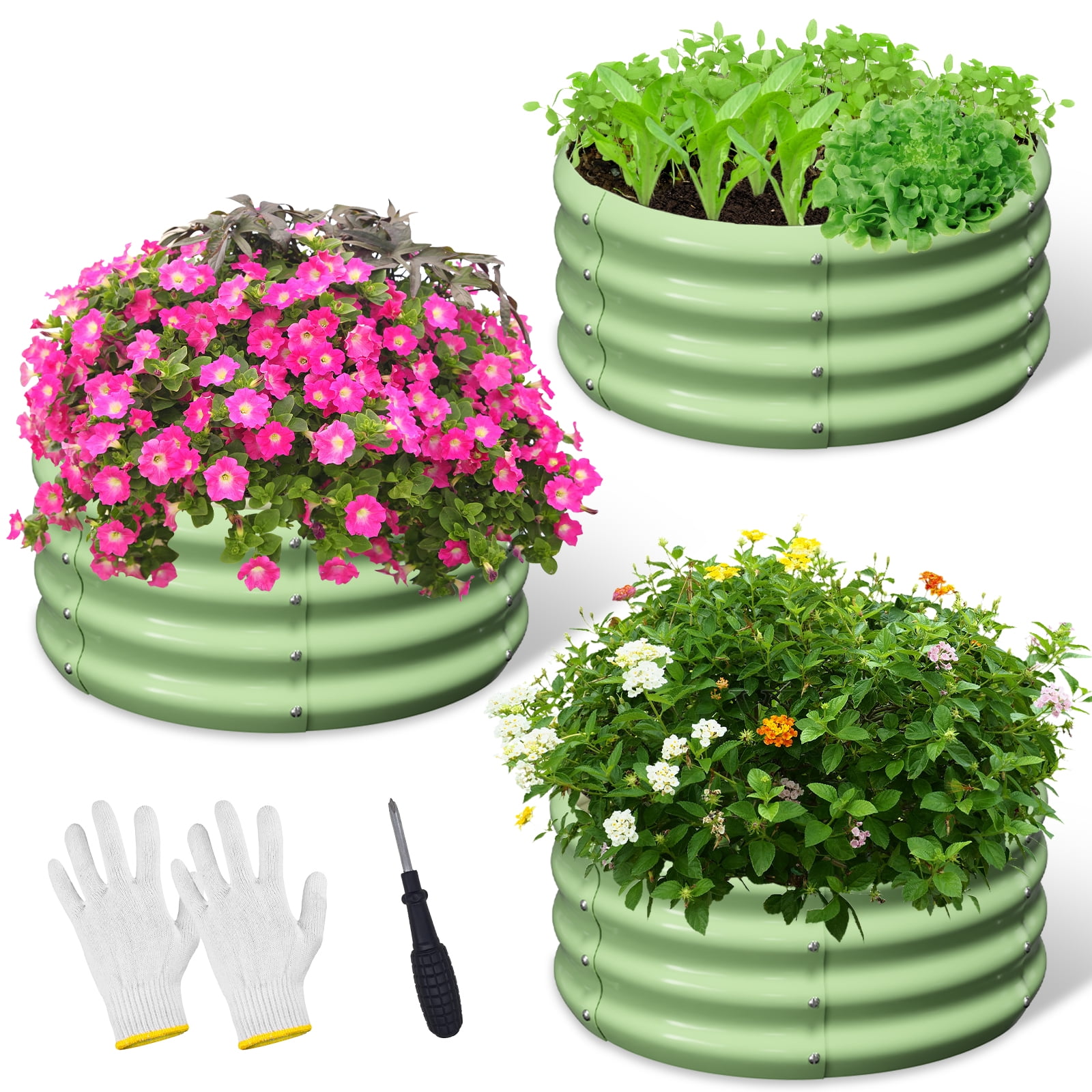 Slsy 3 Pcs 24x24x12in Round Galvanized Raised Garden Bed with Tomato Cages, Metal Planter Box for Planting Plants Vegetables Herbs Flowers