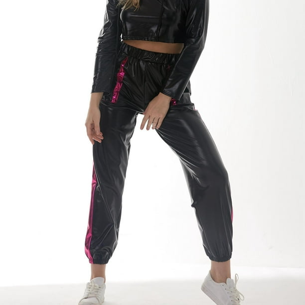 WILLBEST Pantalones Casuales para Mujer, de Cuero Sintético Negro, Cintura Alta, Rectos, Pierna Ancha, Estilo Punk, para Un Estilo y Comodidad Diarios. Chica